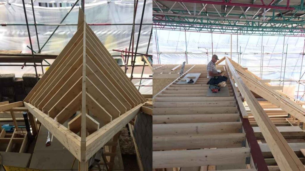 Ongoing loft conversion project showing wooden roof framing and construction work in progress